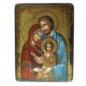 Icona bizantina dipinta a mano "Sacra Famiglia con Gesù benedicente e Giuseppe in veste azzurra" - 22x18 cm