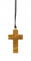 Croce in ulivo con scritta Jesus in rilievo e cordoncino marrone - 4,5 cm