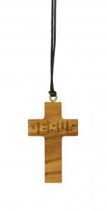 Copertina di 'Croce in ulivo con scritta Jesus in rilievo e cordoncino marrone - 4,5 cm'