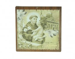 Copertina di 'Magnete in legno con Sant'Antonio e Basilica color seppia - dimensioni 6 x 6 cm'