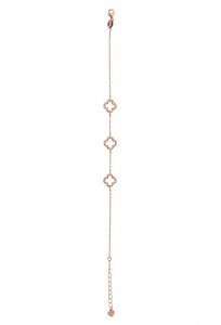Copertina di 'Braccialetto con tre quadrifogli traforati con strass bianchi in argento 925 con bagno in oro rosa'