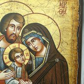 Immagine di 'Icona bizantina dipinta a mano "Sacra Famiglia con Gesù che stringe la mano a Maria" - 22x18 cm'