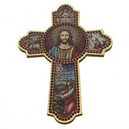 Copertina di 'Croce della Preghiera in legno con decoro a rilievo e pagellina - dimensioni 10x15 cm'