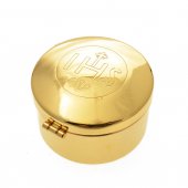 Scatola porta ostie in ottone dorato con cerniera "IHS" - diametro 8 cm