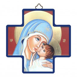 Copertina di 'Croce in legno con lamina oro dettaglio "Madonna col Bambino" - dimensioni 12x12 cm'