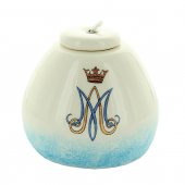 Lampada ad olio in ceramica color avorio con monogramma mariano - altezza 8 cm