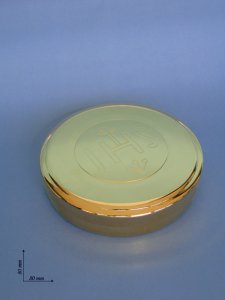Copertina di 'Scatole porta ostie dorata con cristogramma IHS - diametro 7,5 cm'