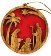 Presepe circolare con Sacra Famiglia, palma e cometa in legno d'ulivo su sfondo rosso