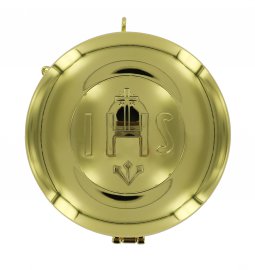 Copertina di 'Teca eucaristica ostie in metallo dorato con incisione IHS -  8 cm'