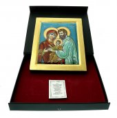 Immagine di 'Icona greca dipinta a mano "Sacra Famiglia con Ges benedicente" su sfondo azzurro - 40x30 cm'
