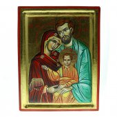 Icona greca dipinta a mano "Sacra Famiglia con Gesù benedicente in veste arancione" - 31x24 cm