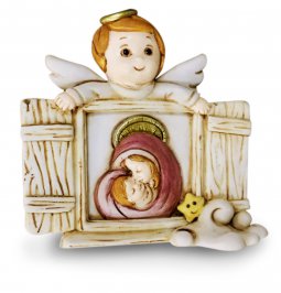 Copertina di 'Quadretto soprammobile/per scrivania Angioletto e Madonna con Bambino, in resina beige (8 x 7,5 x 2 cm)'