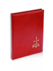 Copertina di 'Cartella Porta Riti in vera pella con decoro dorato "Croce, alfa e omega" - colore rosso'