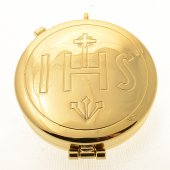 Teca eucaristica porta ostie in ottone dorato "IHS" - diametro 5,3 cm