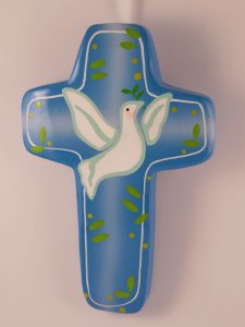 Copertina di 'Croce azzurra in legno "Colomba bianca e ramoscelli d'ulivo" - altezza 14,5 cm'