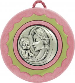 Copertina di 'Sopraculla in argento 925 raffigurante la Madonna col bambino (rosa)  9 cm'