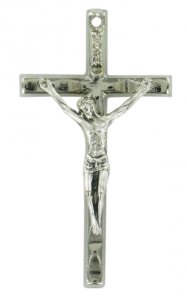 Copertina di 'Croce barretta con Cristo riportato in metallo nichelato - 5 cm'