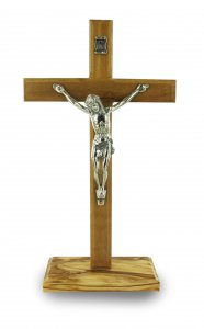 Copertina di 'Crocifisso da tavolo con base in legno ulivo con Cristo in metallo ossidato - 19 cm'