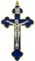 Croce in metallo dorato con smalto blu e Cristo riportato - 8 cm