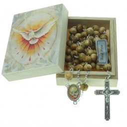Copertina di 'Scatolina portarosario con rosario in legno di pino "Colomba-Spirito Santo"'