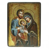Icona bizantina dipinta a mano "Sacra Famiglia con Gesù che stringe la mano a Maria" - 22x18 cm
