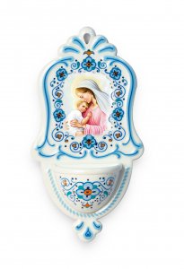 Copertina di 'Acquasantiera in polimero ad effetto ceramica "Madonna col Bambino" - altezza 16 cm'