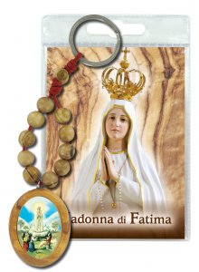 Copertina di 'Portachiavi in legno d'ulivo con decina, medaglia e preghiera "Madonna di Fatima"'