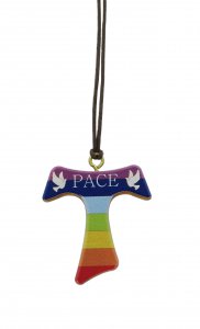 Copertina di 'Croce Tau in legno di ulivo dipinta con i colori arcobaleno e con laccio - 4 cm'