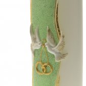 Immagine di 'Cero per matrimonio verde e bianco con colombe e fedi - altezza 24 cm'