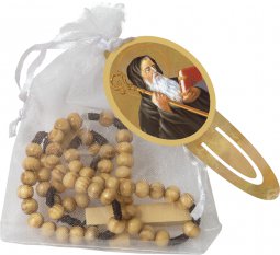 Copertina di 'Sacchettino in tulle bianco con rosario in legno d'ulivo e segnalibro "San Benedetto"'
