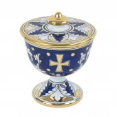 Pisside in ceramica dorata su fondo blu e bianco - altezza 16,5 cm