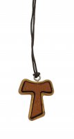 Croce Tau in legno di ulivo e cuoio con cordoncino (croce di San Francesco d'Assisi) - 2,5 cm