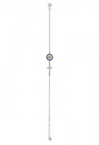 Copertina di 'Braccialetto con croce e medaglia con strass bianchi e blu in argento 925 con bagno in oro bianco'