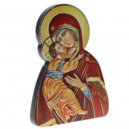 Copertina di 'Quadretto sagomato in legno con piedino d'appoggio "Madonna col bambino" - dimensioni 8 x 6 cm'