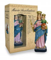 Statua di Maria Ausiliatrice da 12 cm in confezione regalo con segnalibro in versione SPAGNOLO