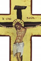 Immagine di 'Croce icona Cristo morente, produzione greca in legno e sfondo foglia oro - 14,5 x 9,5 cm'