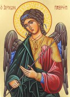 Immagine di 'Icona Arcangelo Gabriele dipinta a mano su legno con fondo orocm 19x26'