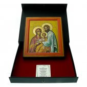 Immagine di 'Icona greca dipinta a mano "Sacra Famiglia con Ges benedicente in veste arancione" - 27x22 cm'