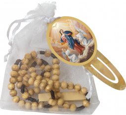 Copertina di 'Sacchettino in tulle bianco con rosario in legno d'ulivo e segnalibro "Maria che scioglie i nodi"'