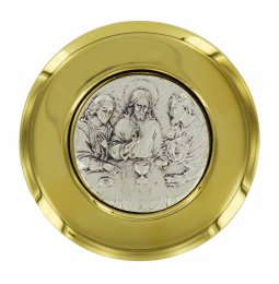 Copertina di 'Teca eucaristica ostie in ottone dorato con placca ultima cena -   7,5 cm'