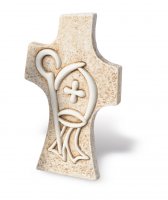 Croce moderna in resina ad effetto pietra con simboli "Santa Cresima" - altezza 9,5 cm