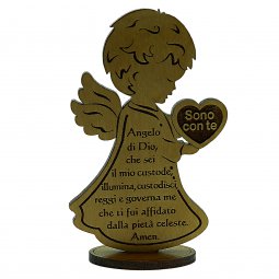 Copertina di 'Angelo in legno d'ulivo con base "Sono con te" - altezza 11 cm'