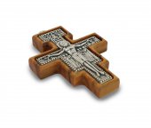 Immagine di 'Croce San Damiano in metallo ossidato su legno ulivo con cordone - 4 x 3 cm'