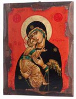Icona in legno "Maria Odigitria dal manto nero con sfondo rosso" - dimensioni 21x16 cm