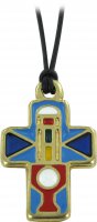 Croce in metallo dorato e smalto blu con cordoncino