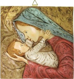 Copertina di 'Quadro Madonna con Bambino quadrato in resina dipinta a mano - Bassorilievo - 26 x 26 cm'