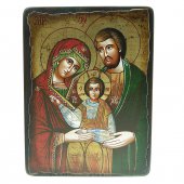 Icona bizantina dipinta a mano "Sacra Famiglia con Gesù benedicente e Giuseppe in veste verde" - 22x18 cm