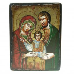 Copertina di 'Icona bizantina dipinta a mano "Sacra Famiglia con Gesù benedicente e Giuseppe in veste verde" - 22x18 cm'
