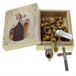 Copertina di 'Scatolina portarosario con rosario in legno di pino "Madonna del Carmelo"'