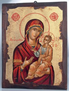 Copertina di 'Icona in legno "Madonna dal manto rosso con Ges Bambino Maestro" - dimensioni 28x21 cm'